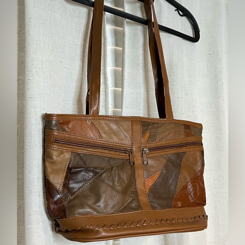 Brown patchwork faux leather shoulder bag